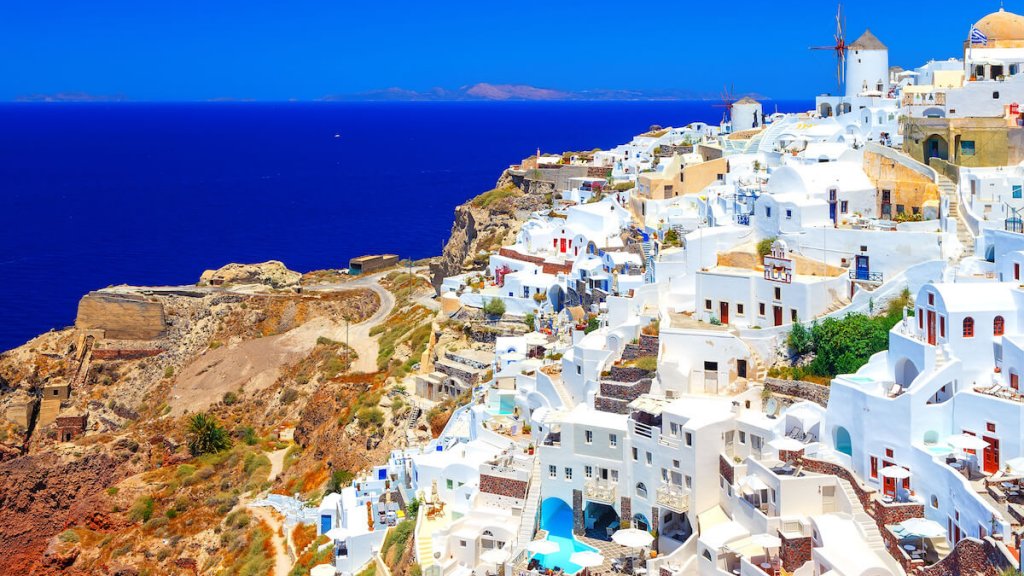 Hoteleria View of Oia most beautiful village of Santorini island in Greece